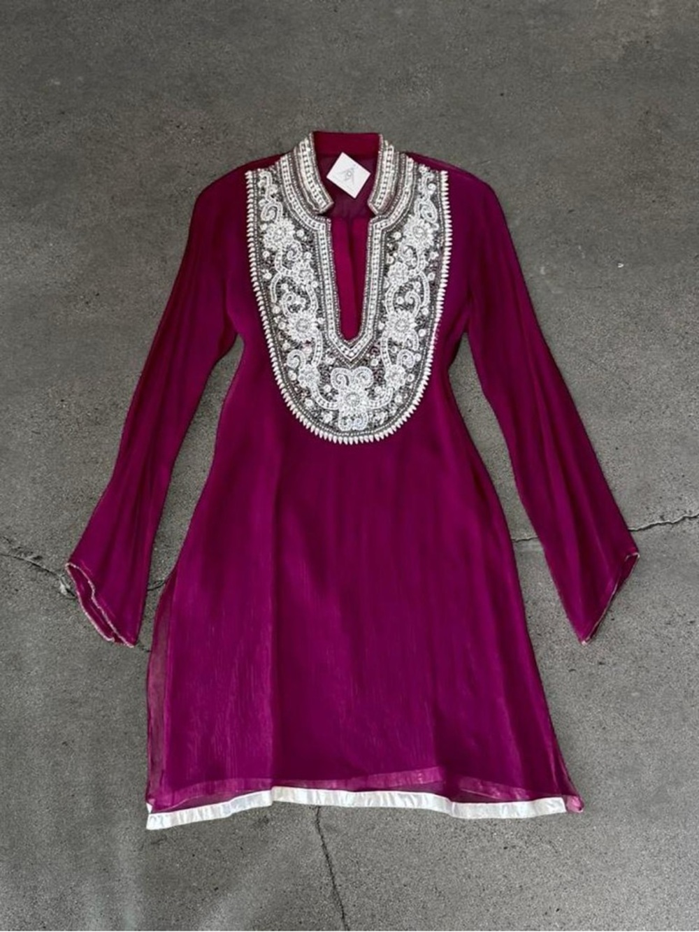 Vintage Sheer Silk Magenta Ornate Beaded Tunic